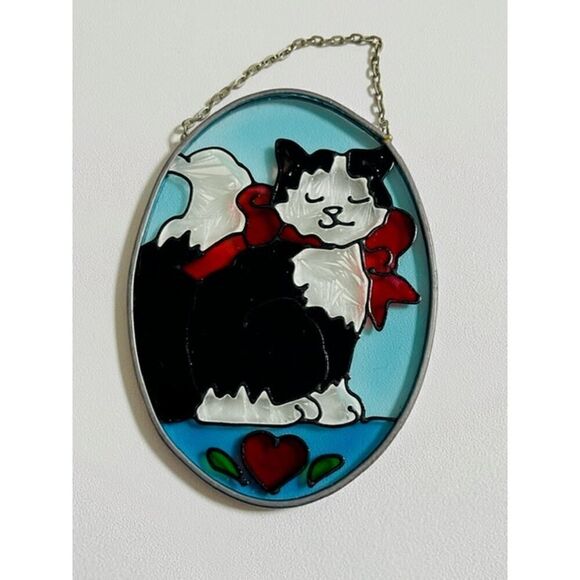 Sun Catcher Cats Flowers 5" Oval Painted Glass Wall Hanging Window Art - Picture 2 of 2